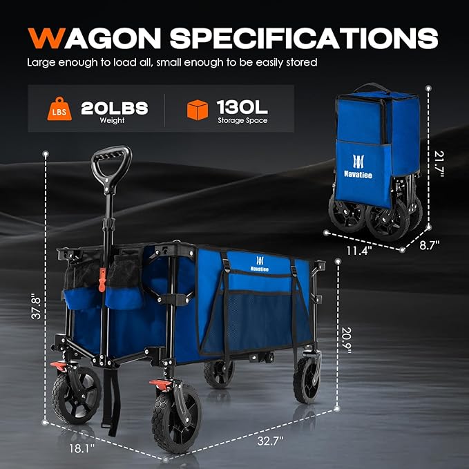 Navatiee 130L Collapsible Foldable Wagon With Wheels, Large Capacity Cart With Side Pocket and Brakes for Grocery Shopping, Garden and Outdoor Use, Blue
