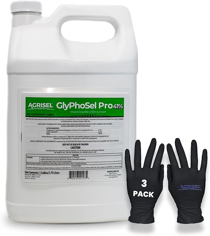 GlyPhoSel Pro Weed Killer, Tackles Hard-to-Kill Weeds, Low-Odor, Easy Mixing, Pet Safe, Includes 3-Pack of Agrisel Protective Gloves, 128 Ounces