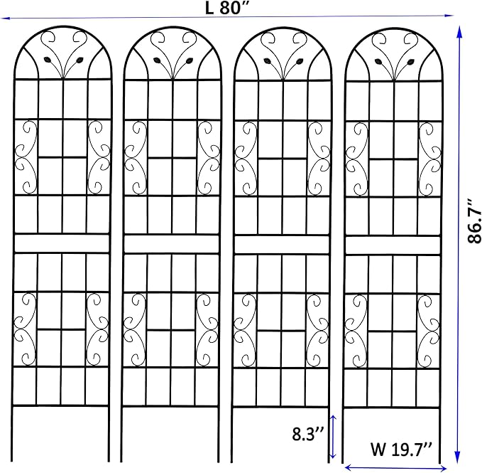 4 Pack Metal Garden Trellis 86.7" Tall Outdoor Climbing Plant Support for Roses, Flowers, Rustproof Durable Black Galvanized Tube, Lawn Garden Fence Decor Screen (4, Black curves-86.7" H)