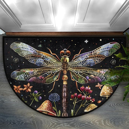 cfpolar Non-Slip Soft Half Round Door Mat, Dragonfly Mushroom Flower Semicircle Mat for Indoor Entrance Garage Bath Living Room Patio 24 x 36 in