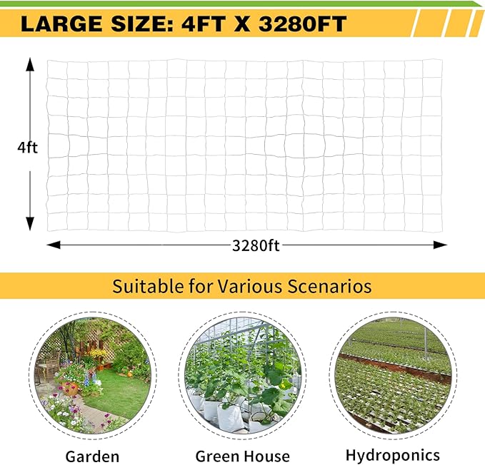 Trellis Netting Roll 4ft x 3280ft, Heavy Duty Plastic Trellis Net, 6” x 6” Squares Mesh Climbing Plants Support Netting, High-Intensity Garden Net for Vegetables, and Vines