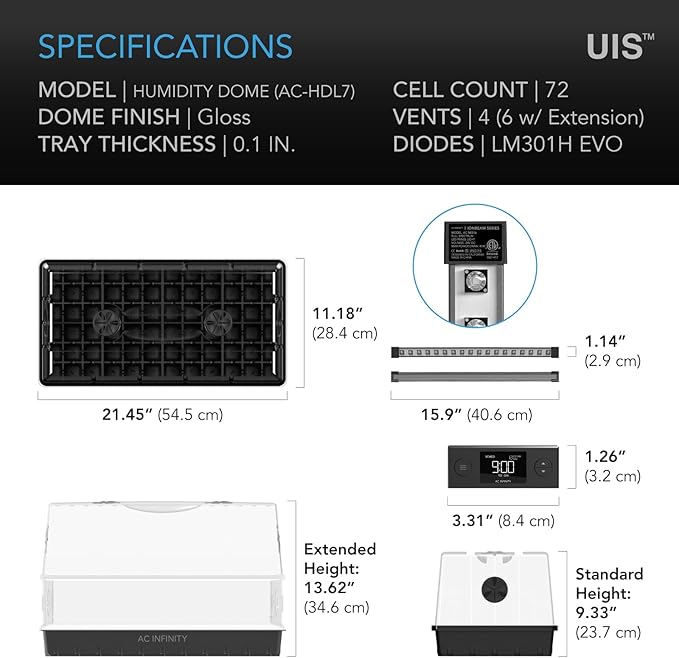 AC Infinity Heavy-Duty Large Humidity Dome w/Full Spectrum LED Grow Light Bars, Samsung LM301H EVO Diodes, Drip Tray, 6x12 Cell Seed Tray, 3mm Thick Dome, Vented Extension Panels, for Seed Starting