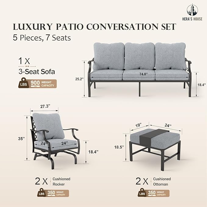 HERA'S HOUSE 5 Pieces Patio Furniture Set, 2 x Cushioned Rocking Chair, 2 x Ottoman, 1 x 3-Seat Sofa, All Cushioned 7 Seats Outdoor Conversation Set for Lawn Garden Backyard, Grey