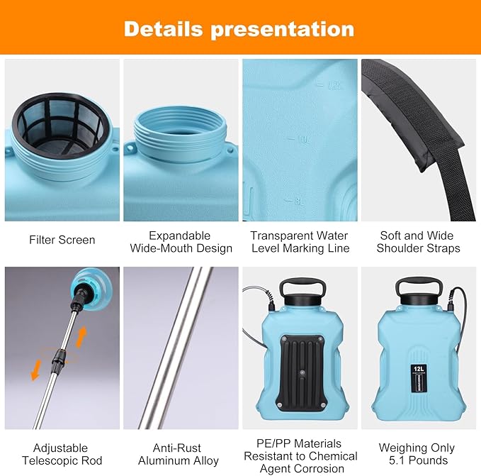 Battery Powered Sprayer 2.1 Gallon, Backpack Sprayer with Retractable Wand & 3 Mist Nozzles & USB Rechargeable Handle, Water Spray Pump Sprayers for Planting Lawn Yard Garden (Blue, 3.2 Gallon)