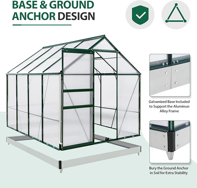EAGLE PEAK 6x8x7 Outdoor Walk-in Hobby Greenhouse with Adjustable Roof Vent and Rain Gutter, Base and Anchor, Polycarbonate Aluminum Green House for Backyard Garden, Dark Green
