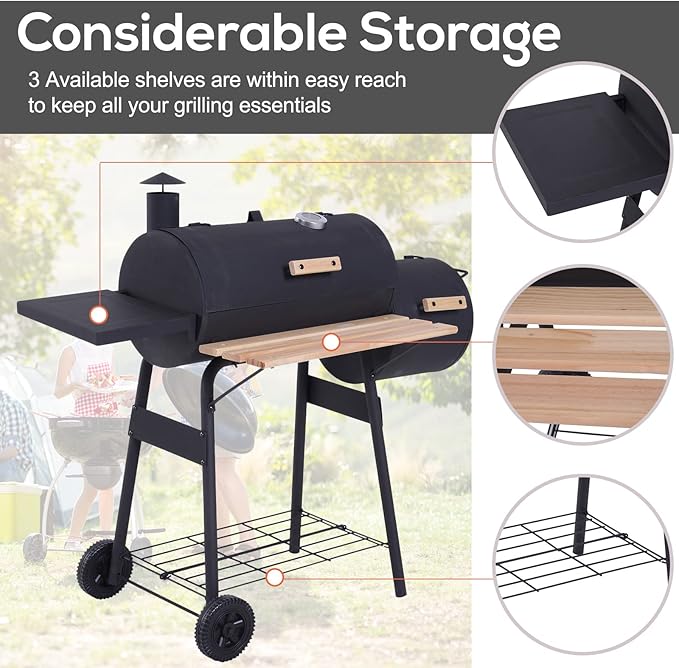 48" Steel Portable Backyard Charcoal BBQ Grill and Offset Smoker Combo with Wheels.