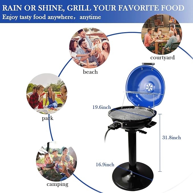 Electric BBQ Grill Techwood 15-Serving Indoor/Outdoor Electric Grill for Indoor & Outdoor Use, Double Layer Design, Portable Removable Stand Grill, 1600W