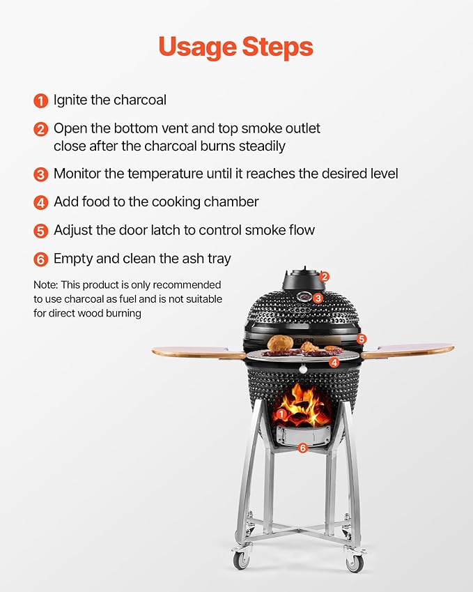 VEVOR Charcoal Smoker and Grill, 18" Kamado Charcoal BBQ Smoker, Movable Ceramic Barbecue Grill with 4 Wheels (2 Lockable), Built-in Thermometer, Air Vents & Side Shelf for Outdoor Patio Yard Cooking