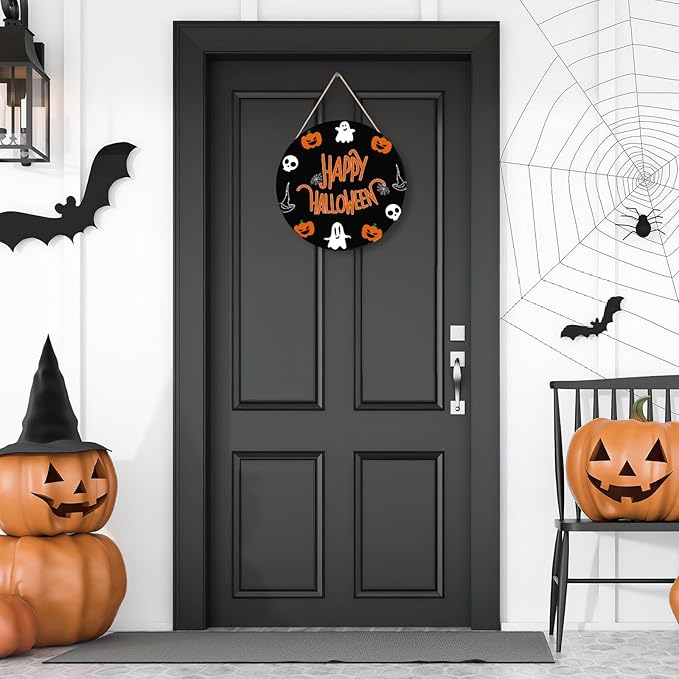 Halloween Decorations, Happy Halloween Wooden Ghost Hanging Sign for Front Door Hanger Wreath Decor, Wreath Cute Ghost Pumpkin Bat Front Door Decorations Hanging Sign, Indoor Outdoor Yard Wall Party