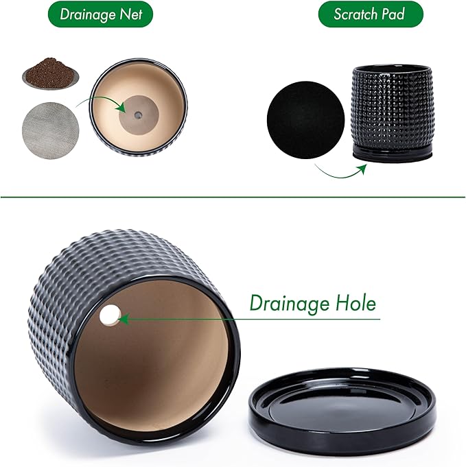 D'vine Dev 6 Inch Ceramic Beaded Stoneware Planter Pot - Flower Pot with Drainage Holes and Saucers for Indoor Succulent Plants or Flowers, Glossy Black, 27-C-X-2