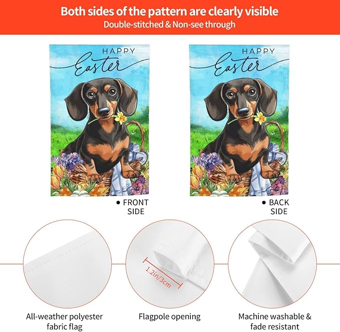 Flower Dachshund Dog Happy Easter Bunny Cute Egg Garden Flag Welcome Party Outdoor Outside Decorations Picks Home House Garden Yard Decor 12x18 Inch