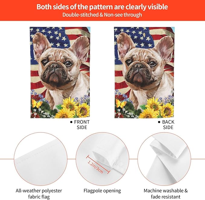 French Bulldog American Flag Patriotic Sunflower Dog Garden Flag Welcome Party Outdoor Outside Decorations Picks Home House Garden Yard Decor 12x18 Inch