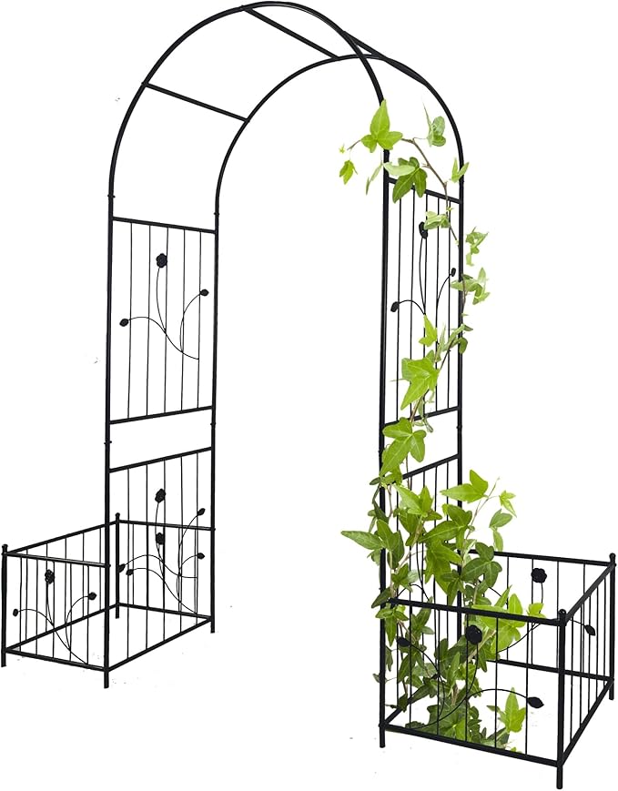 Metal Garden Arch with 2 Plant Stands, Garden Arch Trellis for Climbing Plants Outdoor, Garden Arbor for Weddings Party Events Decoration, 79.5" L X 19.7" W X 86.6" H, Black