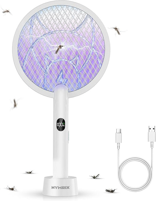 Electric Fly Swatter Racket, 2 in 1 Mosquito Bug Zapper 4100V Handheld Mosquito Killer with 1800 mAh Rechargeable Battery, Purple Light and 3-Layer Safety Mesh for Indoor Outdoor Grey