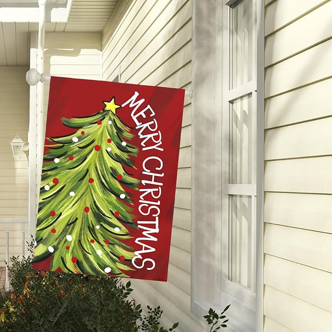 Merry Christma Garden Flag Xmas Tree Yard Flag Winter Wall Banners Red Green Trees Double Sided Vertical House Banner for Rustic Farmhouse Seasonal Outdoor Decoration 28 x 40 Inch