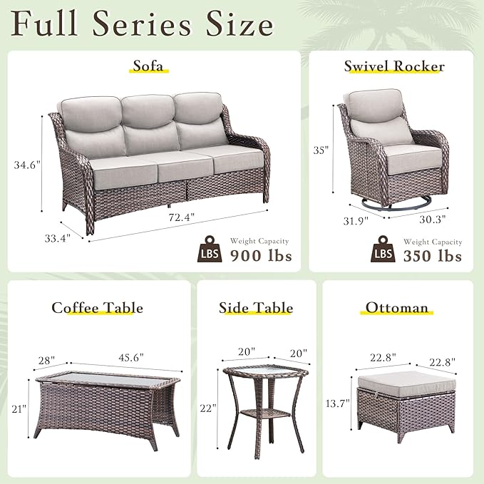 Luxury Outdoor Furniture Set with 6-Inch Thick Cushions, High Back Swivel Patio Chairs with Ottomans & Side Table, Wicker Outdoor Swivel Chairs Set for Porch, Yard, Deck, Poolside, Brown/Beige