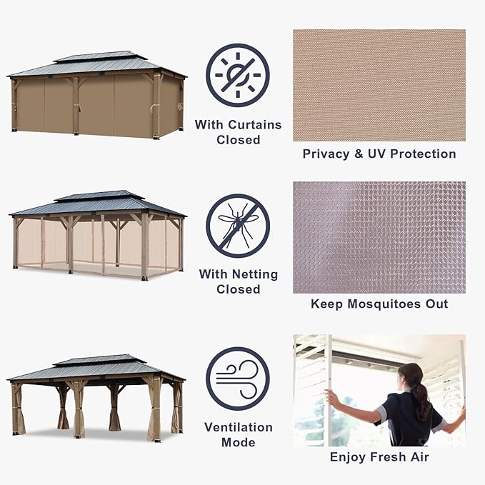 CHARMELEON 12'x20' Cedar Wood Gazebo Hardtop - Wooden Gazebos with Dual Metal Roof - Permanent Outdoor Gazebo - Large All Weather Patio Gazebo for Backyard, Deck & Garden - with Curtains & Netting