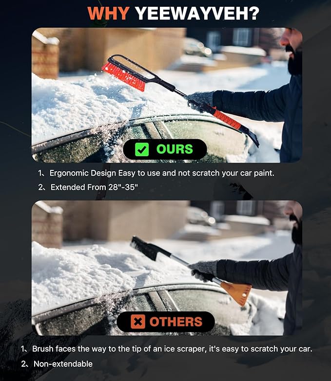 YeewayVeh 35 inch Ice Scrapers for Car Windshield, Extendable Snow Brush for Car with Foam Grip & Additional Handhold, 2 in 1 Detachable & Scratch-Free Snow Scraper for Car Truck SUV, Orange