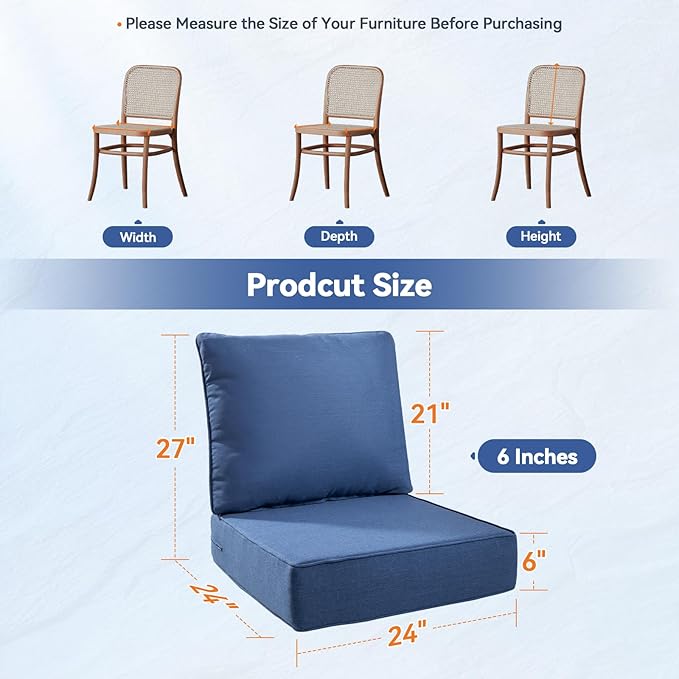 Luxury 6" Outdoor Cushions for Patio Furniture, 24x24x6 Thick Seat Cushion Set of 6, Fade Resistant Couch Chair Replacement Cushions High Density Deep Wicker Chair Cushion w/Removable Cover, Blue