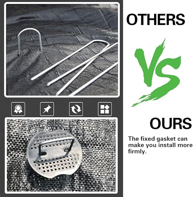 100Pcs Garden Stakes Staples + 100Pcs Gasket, Bakulyor 6 Inch Lawn Landscape Staples 11 Gauge U Shaped Galvanized Landscape Pins, Heavy Duty Yard Ground Pin for Weed Barrier Sod Fabric Decorations