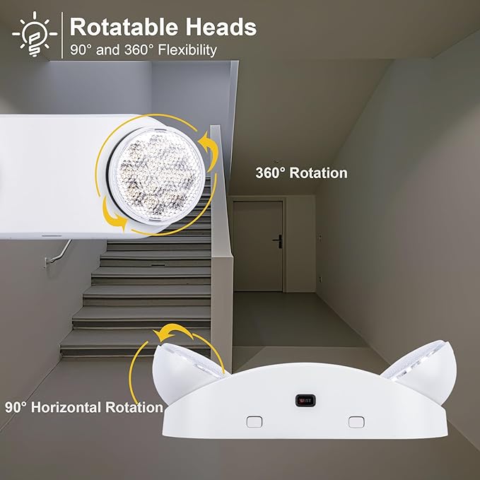 GRUENLICH LED Emergency Light with Battery Backup, 2 Adjustable Bug Eye Heads Lights, US Standard, AC 120-277V, Hardwired Commercial Emergency Exit Light for Business, 1-Pack