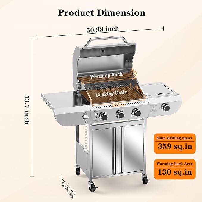 G31Pro Gas Grill,Heavy-Duty Stainless Steel Propane Gas Grill.3 Burner Gas Grill with Side Burner,34000 BTU BBQ Grill for Outdoor Cooking,Barbecue,Garden and Patio Backyard
