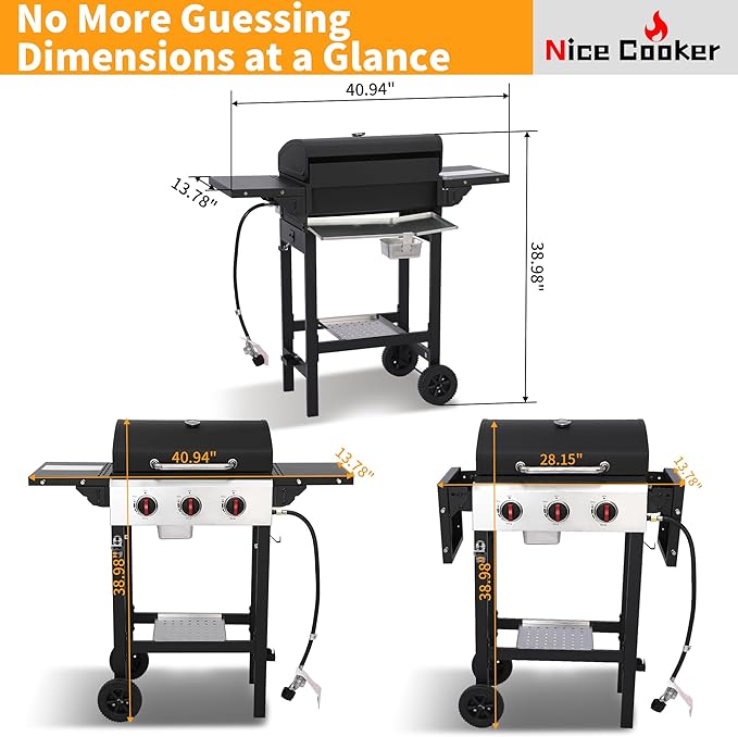 3-Burner Propane Gas Grill with Cast Iron Grates, 252 Sq. In. BBQ Grilling Space, Foldable Side Shelves for Portable Outdoor Patio Camping, Black