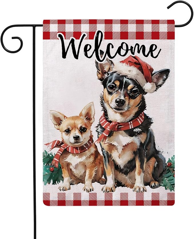 Christmas Dogs Garden Flag with Santa’s Hat Design Double Sided Farmhouse Welcome Decorative Small Burlap Flags 12.5 x 18 Inch for Winter Holiday Christmas Season Decor (Red)