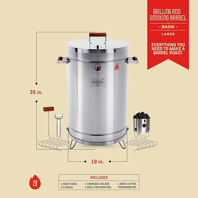 Charcoal Grills - Basic 40 lbs - Stainless Steel Smoker Grill 3-in-1 for Cooking & Home BBQ - Portable Vertical Smoker Barrel for Outdoor & Camping - Meat Grill with Thermometer & Accessories