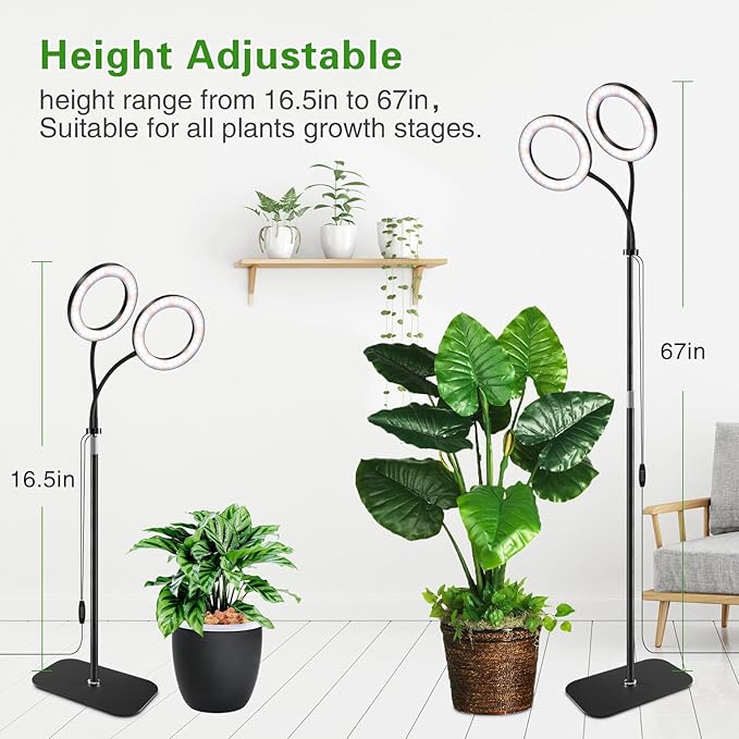 Full Spectrum Grow Light with Stand for Indoor Plants, Floor Plant Light, 3/9/12H Timer, 3 Color Modes, Adjustable Height 16.5–67in, for Large Plants & Home Décor(2 Heads)