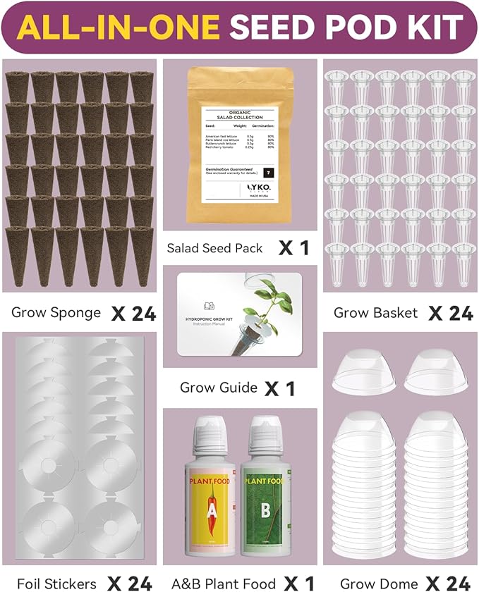 Salad Seed Pod Kits for AeroGarden, Ahopegarden, iDOO Hydroponics Growing System Herb Garden, 400+ Seeds, Including American Fast Lettuce, Buttercrunch Lettuce, Red Cherry Tomato(24-Pods)