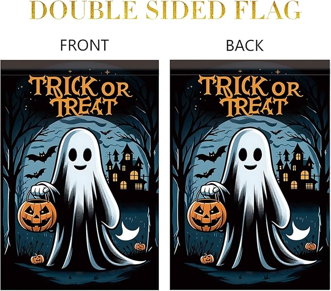 12x18 Inch Halloween Ghost Garden Flag Trick or Treat Ghost Yard Banner Pumpkin Lantern Outdoor Decoration Double Sided Seasonal Holiday Welcome Sign for Patio Lawn Home Party Fall Theme