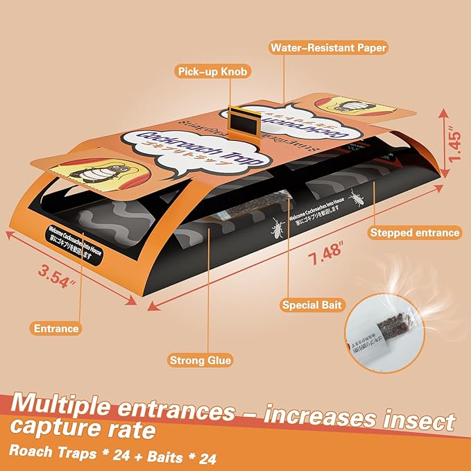 24 Pack Roach Traps Indoor, Sticky Traps for Cockroaches Indoor Home, Sticky Glue Roach Traps, Roach Bait Cockroach Trap for Roach Ants Spiders