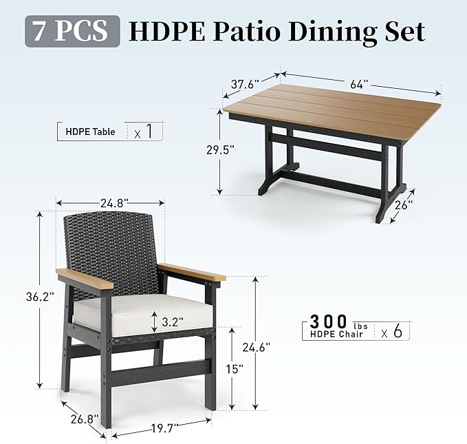 7 Piece HDPE Outdoor Dining Set for 6, 64” All Weather Wood-grain Dining Table, 6 Wicker Rattan Chairs with 3.2” Waterproof Cushion, Patio Table and Chairs Set for Backyard and Deck, Black