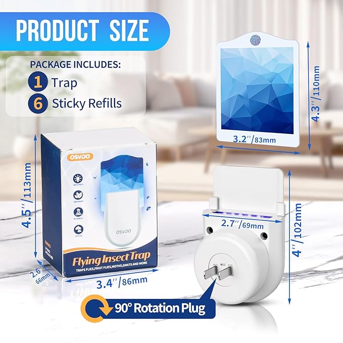 Fly Trap Indoor, Bug Catcher, Fruit Fly Traps for Indoors, Blue Light Bug Killer Plug in, Attracts Mosquito, Fly, Moth, Sticky Glue Gnat Trap - Flying Insect Trap Home (1 Device + 6 Refills)
