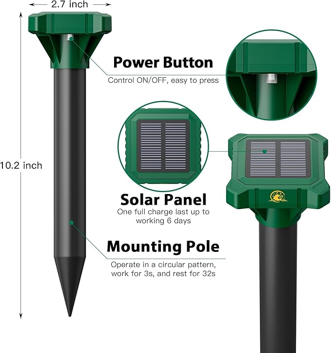 4 Pack Mole Repellent Solar Powered, IP65 Waterproof Gopher Chipmunk Repeller Outdoor, Groundhog Snake Repellent for Yard, Sonic Mole and Vole Deterrent Spikes, Effective Lawn and Garden Protection