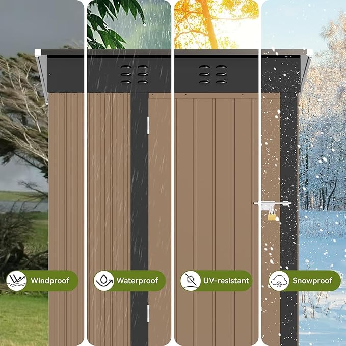 COMHOMA Shed Outdoor Storage Shed Metal,Lockable Doors Tool Sheds with Sloping Roof,Steel Garden Shed with Air Vent for Backyard,Patio,Lawn,Poolside (Brown, 5'*3')