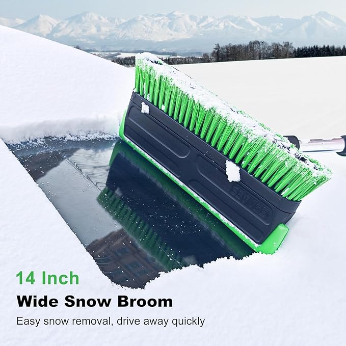 SEAAES 56 Inch Truck Snow Brush Scraper Long Handle, Heavy Duty Extendable Snow Broom for SUV, Windshield Ice Scraper with Foam Grip for Car Automobile Vehicle Window - Green