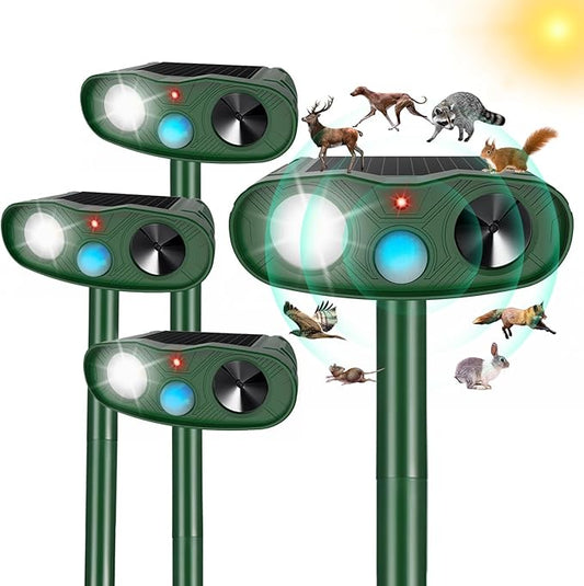 Ultrasonic Animal Repellent Outdoor Deer Repellent Devices,4Pack Solar Rabbit Cat Squirrel Repeller Motion Detection Armadillos Raccoon Squirrel Dog Repellent Deterrent with LED Flash Lights for Yard