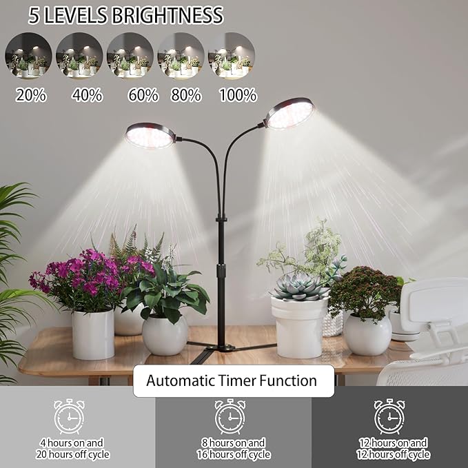 Grow Lights for Indoor Plant, 6000K 174LEDs Full Spectrum Plant Lights for Indoor Growing, 4.7'' LED Dual Ring Height Extendable Grow Light, Auto On Off Timing 4/8/12Hrs, 12V 3A Plug High Power Output