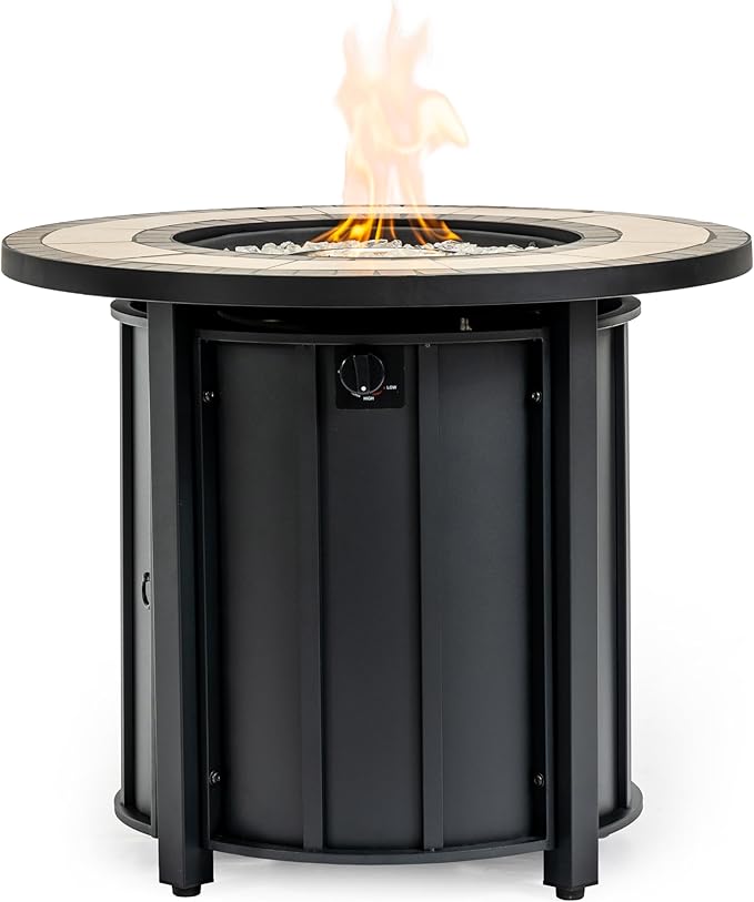 30'' Ceramic Round Propane Fire Pit Table, 50,000 BTU Steel Gas FirePit for Outdoor, Fire Table with Lid, Add Warmth & Ambience to Gatherings and Parties On Patio Deck Garden Backyard, Black.