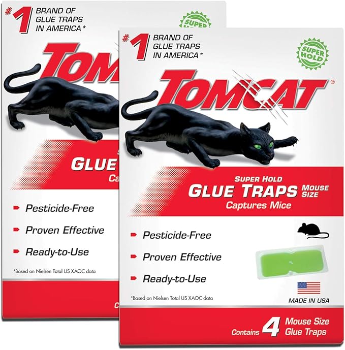 Tomcat Super Hold Glue Traps Mouse Size for Mice, Cockroaches, Spiders, and Scorpions, Ready-To-Use, 4 Traps (2-Pack)