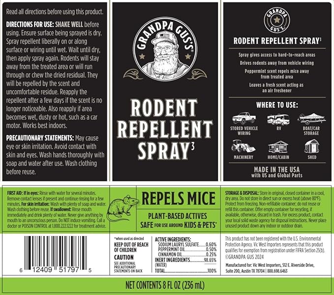 Grandpa Gus's Mouse Repellent Spray, Peppermint & Cinnamon Oil Formula, Repels Mice & Rats from Nesting, Chewing in Homes/RV, Boat/Car, Storage & Wiring, 8 fl oz (2 Bottles)
