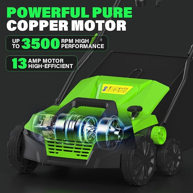 SOYUS 15-Inch 13-Amp Electric Dethatcher and Scarifier with 45L Removable Thath Collection Bag, Corded Lawn Dethatcher with 5-Position Depth Adjustment, Quick-Fold, Increases Lawn Health