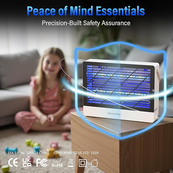 GeckoMan LED Indoor Bug Zapper Indoor Fruit Fly Trap for Indoors Mosquito Zapper Fly Zapper, Energy-Saving Max-Attract Hybrid-Spectrum Tube • 10-Yr Life, Enhanced High-Volt Instant Kill