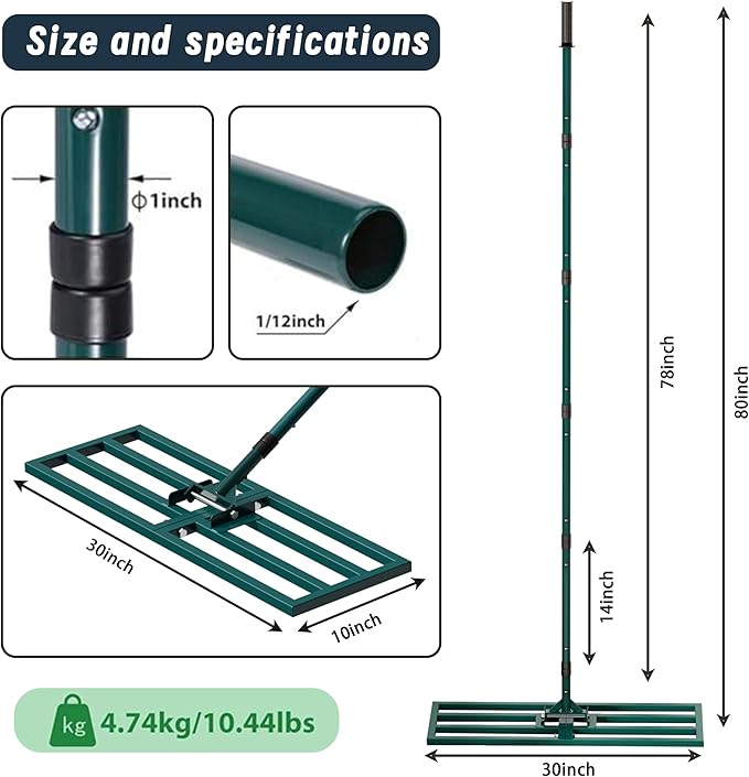 Lawn Leveling Rake Heavy Duty Stainless Steel Lawn Leveling Tool 30”x10” with 78” Adjustable Long Handle Leveling Rake for Soil,Ground,Backyard,Golf Field,Garden Tools Grass Seed Landscaping