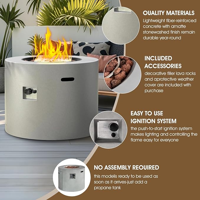 32 Inch Propane Fire Pit Table, 50,000 BTU Round Outdoor Fire Table, Alloy Steel Gas Fire Pits with Waterproof Cover, Lava Rocks and Lid, CSA Certified, for Patio, Deck, Backyard, Gray