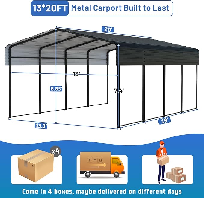 Metal Carport 13 * 20 FT Heavy Duty Carport Canopy with Galvanized Steel Roof Multi-Use Shelter Outdoor Portable Garage for Car, Boat, Pickup and Tractor