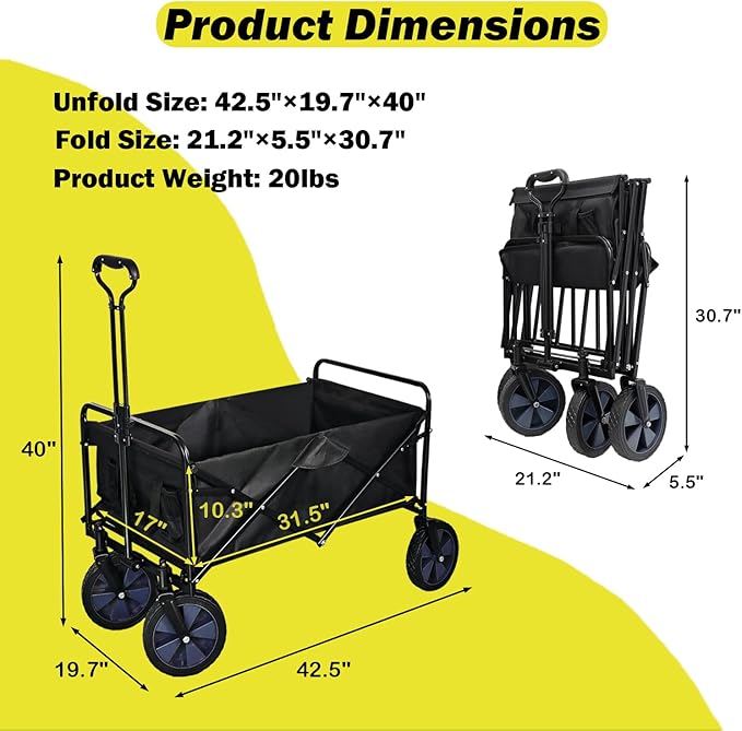 Collapsible Wagon Cart, Heavy Duty Folding Wagon with Telescopic Handle, Double Cloth Pockets, Portable Utility Garden Cart with All-Terrain Wheels for Shopping, Sports, Camping, Black