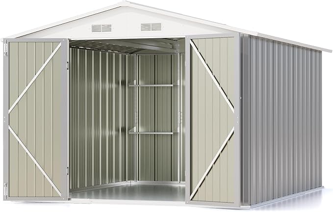 Patiowell 8x10 FT Outdoor Storage Shed with Detachable Storage Rack, Large Garden Tool Metal Shed with Sloping Roof and Double Lockable Door, Outdoor Shed for Backyard Garden Patio Lawn,Grey